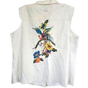 NY Collection Vintage White Denim Vest Embroidered Bird Floral Tropical Vacation